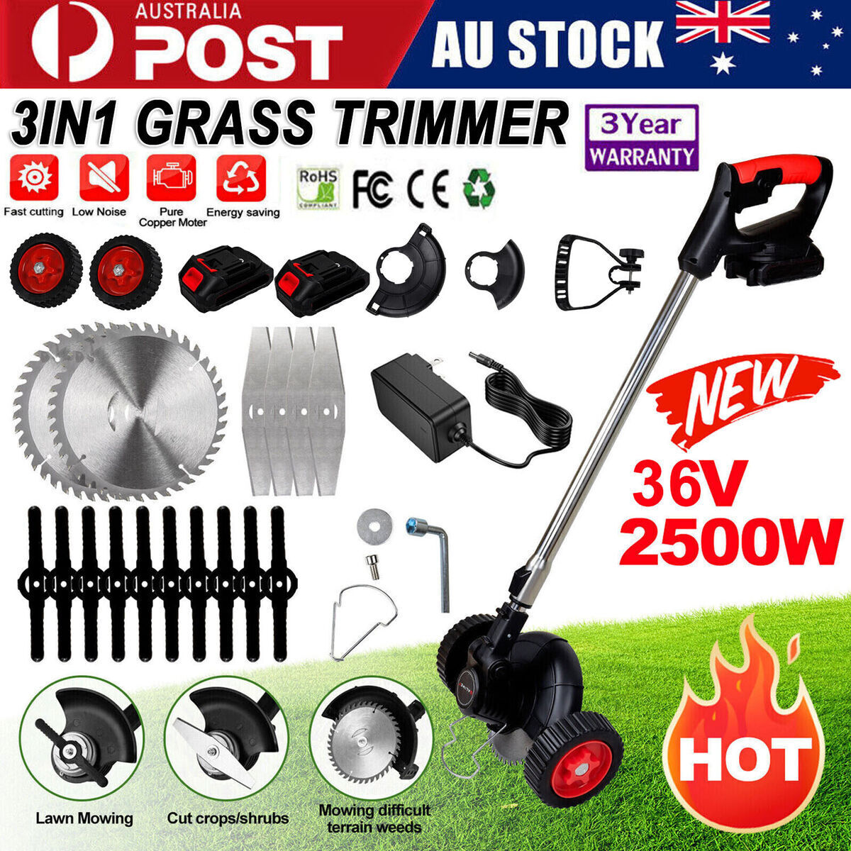 Cordless Grass Trimmer & Edger – 2x Batteries, 30 Blades, Adjustable Telescopic Shaft