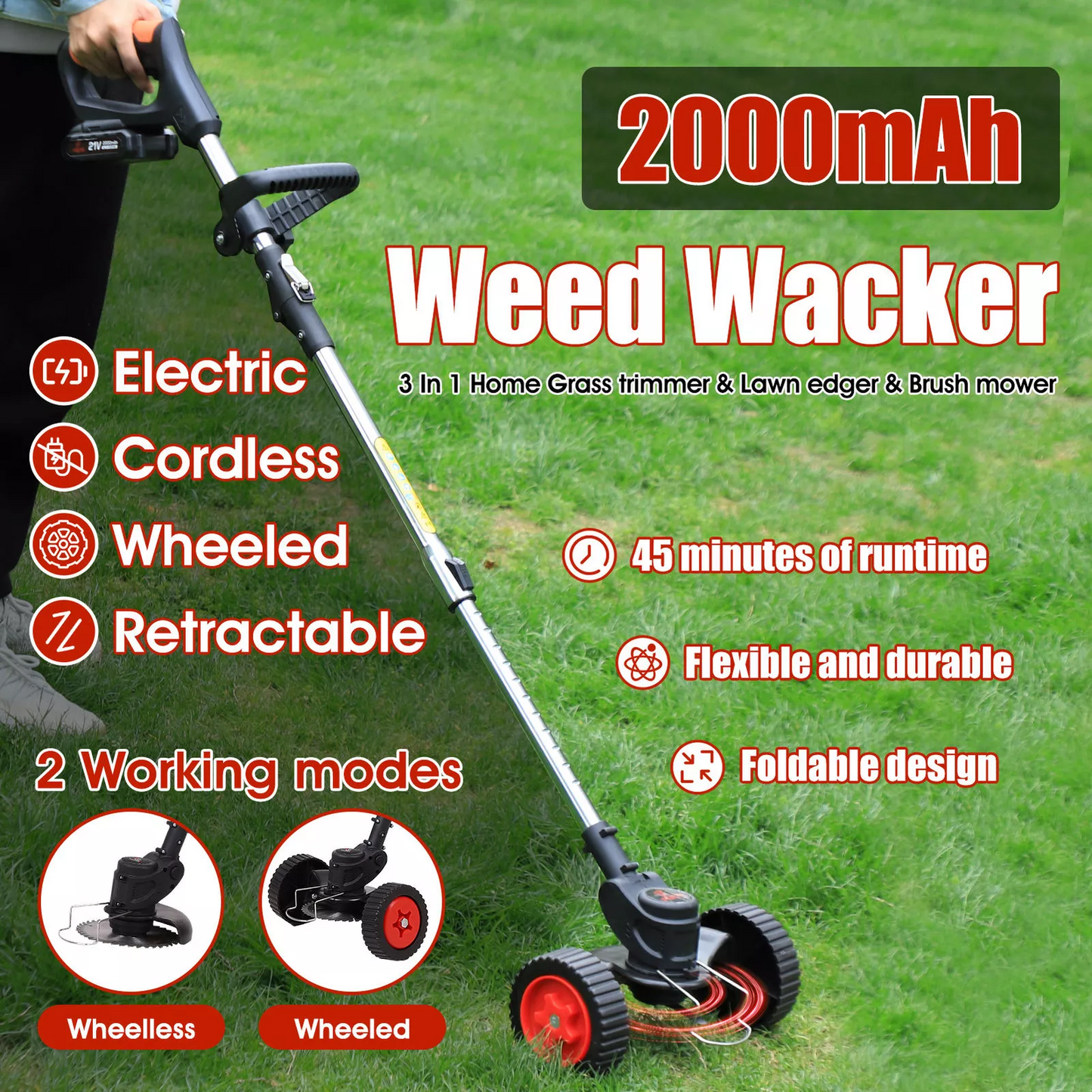Cordless Grass Trimmer & Edger – 2x Batteries, 30 Blades, Adjustable Telescopic Shaft