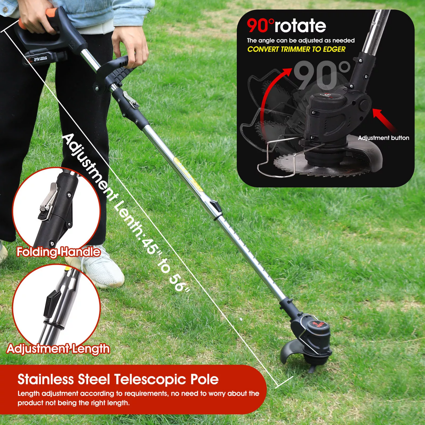 Cordless Grass Trimmer & Edger – 2x Batteries, 30 Blades, Adjustable Telescopic Shaft
