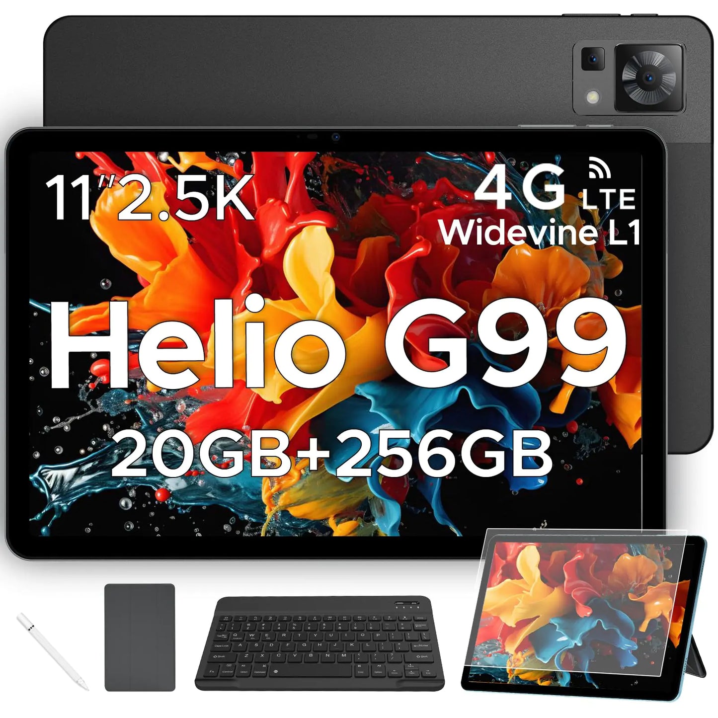 T35 Android 14 Tablet with Keyboard20GB+256GB11 inch Tablet Helio G99 Octa-core TabletIPS 1600x2560 Display Gaming Tablet4G LTE Cellular Tablet with Case Mouse Black